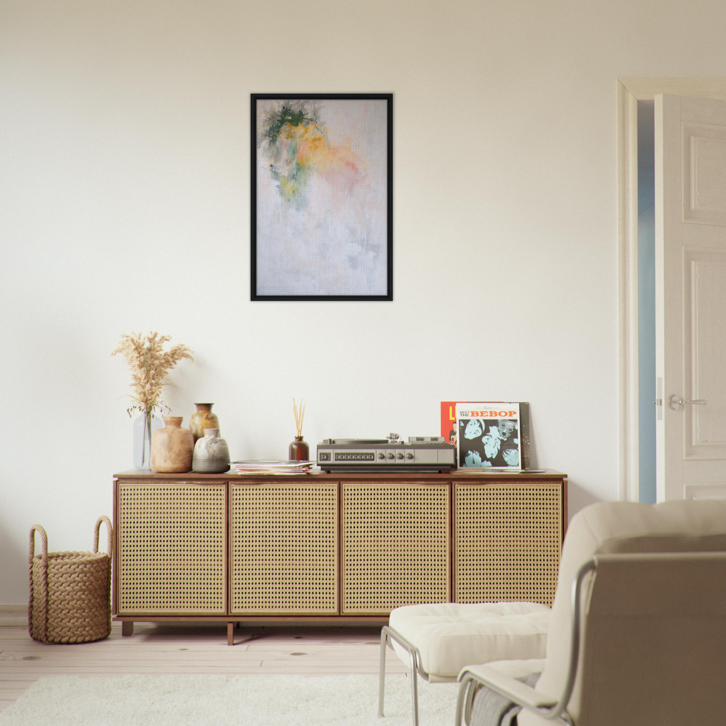 Wooden sideboard with cane-webbed doors showcasing Color Dances Dreaming room decor