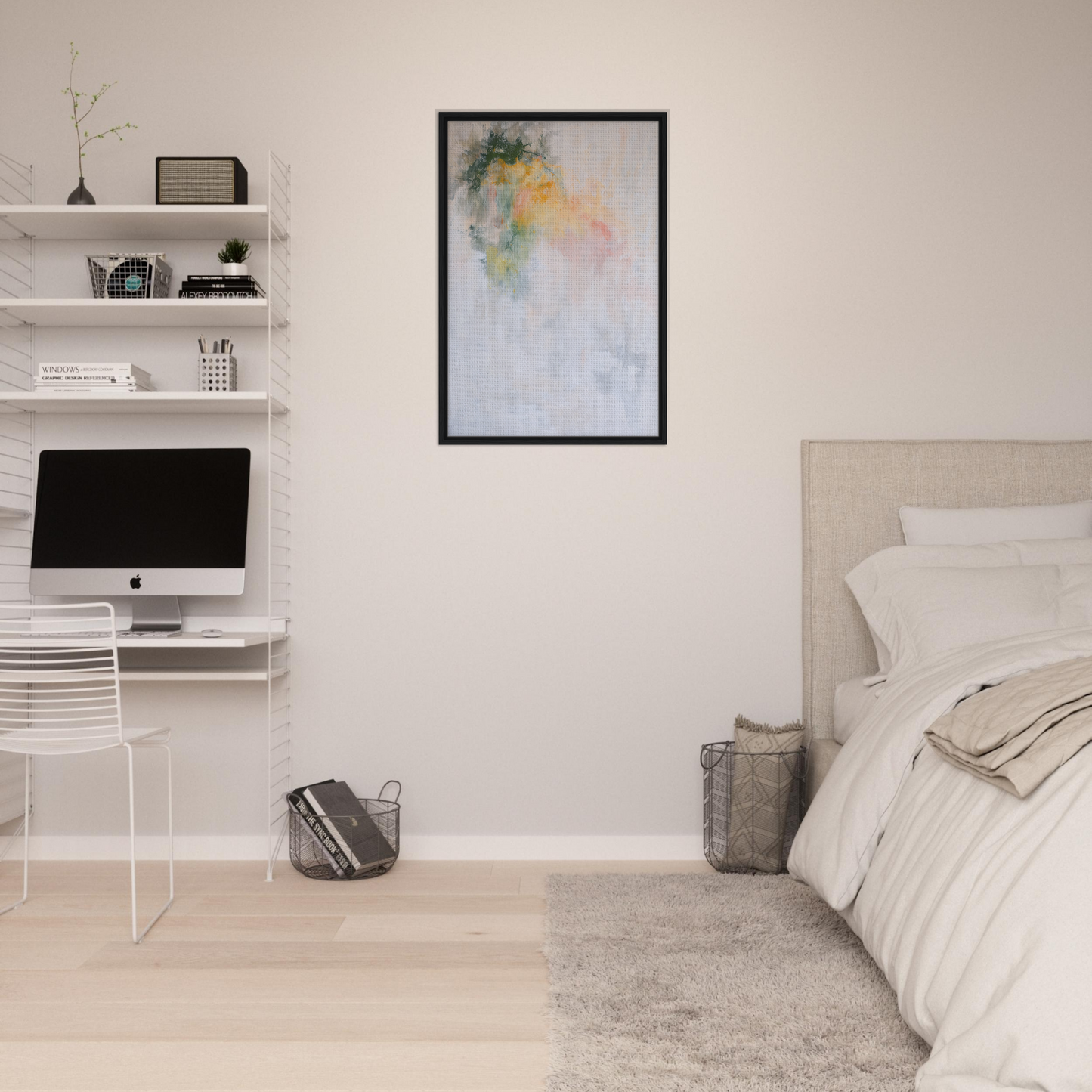 Minimalist bedroom with white decor and Color Dances Dreaming canvas wall art