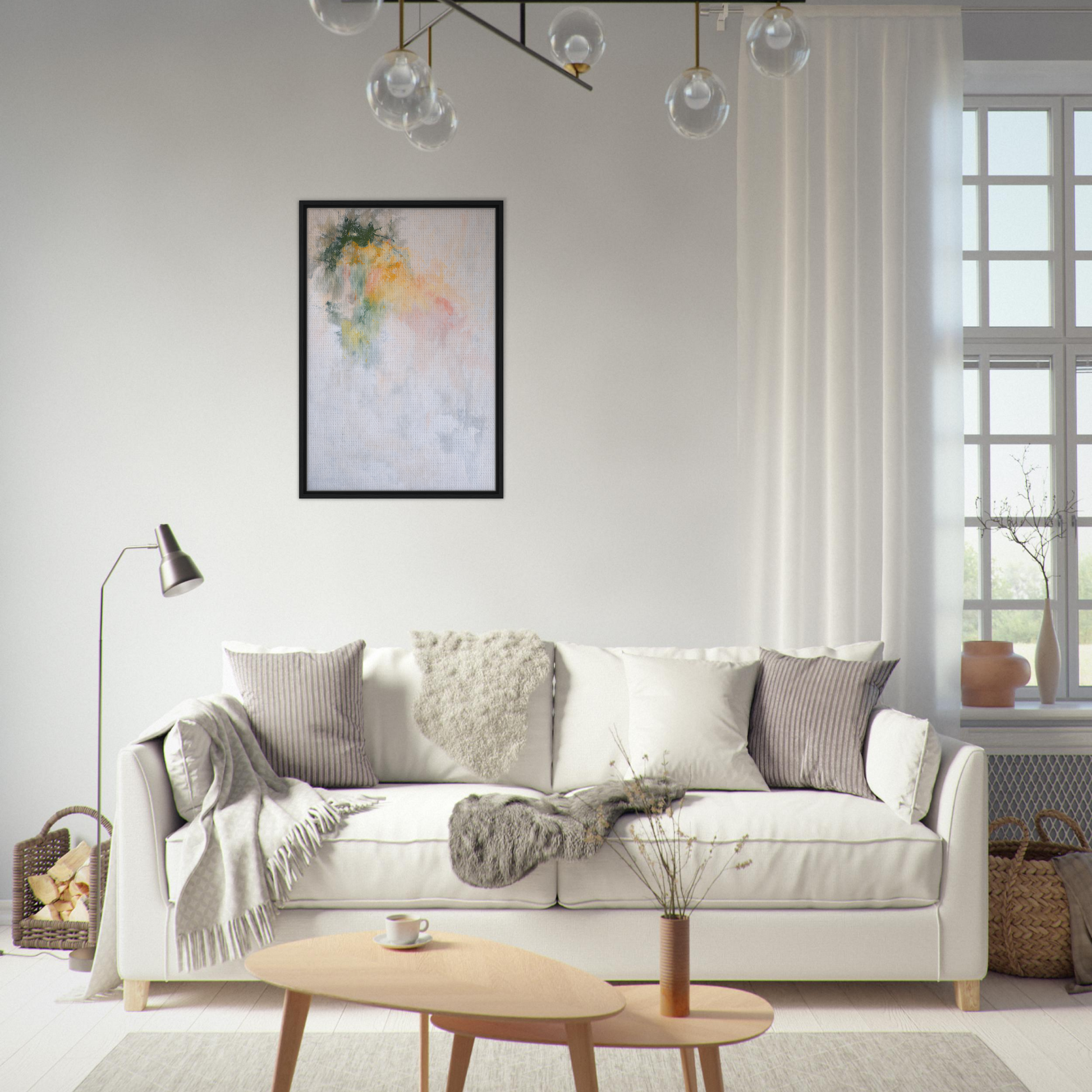 White sofa adorned with assorted throw pillows, enhancing the Color Dances Dreaming atmosphere