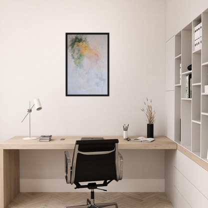 Minimalist home office with wooden desk and Color Dances Dreaming canvas wall art