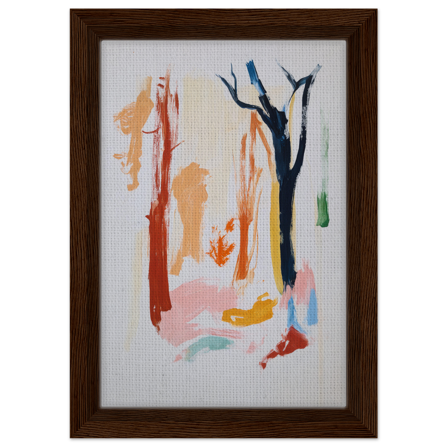 Abstract painting with colorful brushstrokes resembling trees in Color Frenzy Woods framed