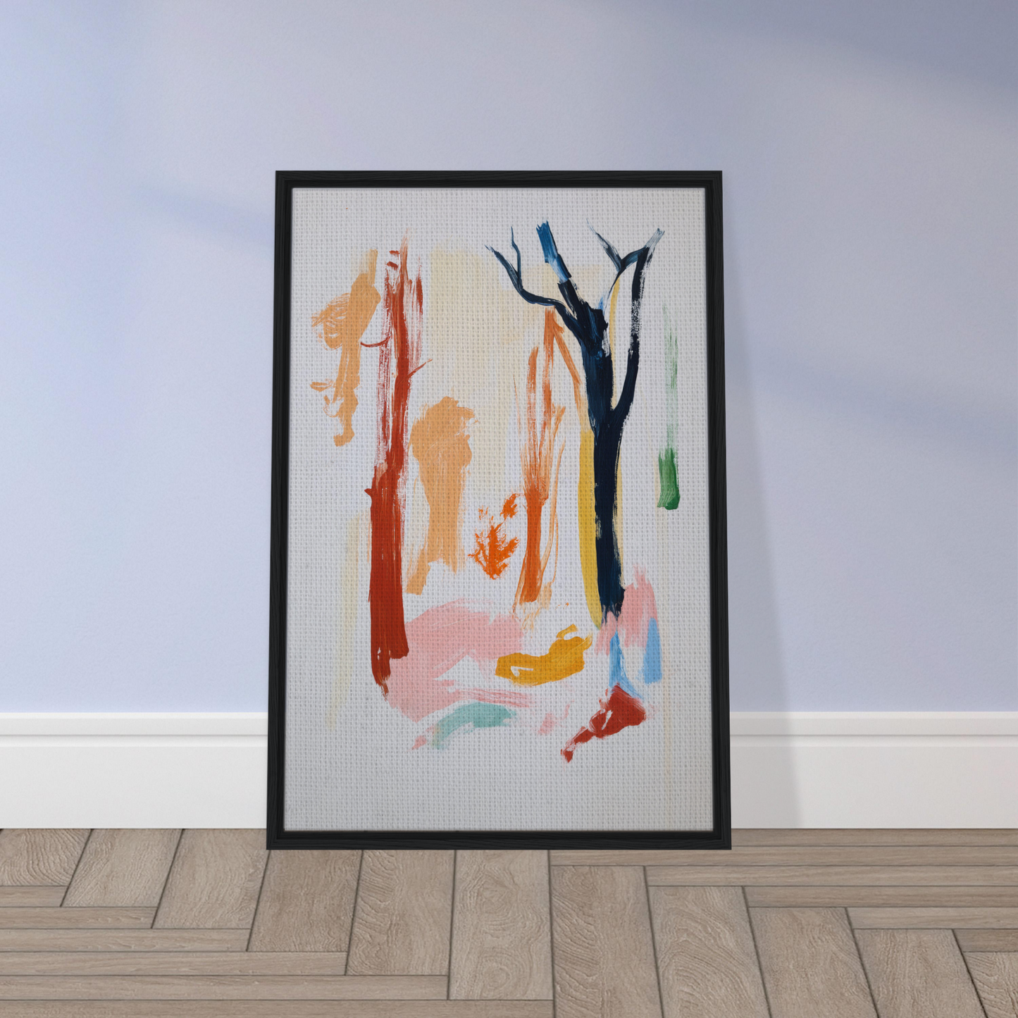 Framed abstract painting with vibrant brushstrokes for Color Frenzy Woods room decor