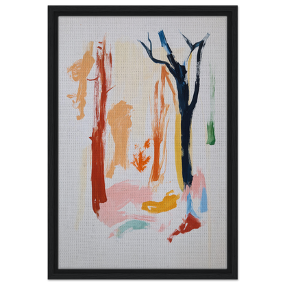 Abstract painting with colorful brushstrokes resembling tree forms, Color Frenzy Woods