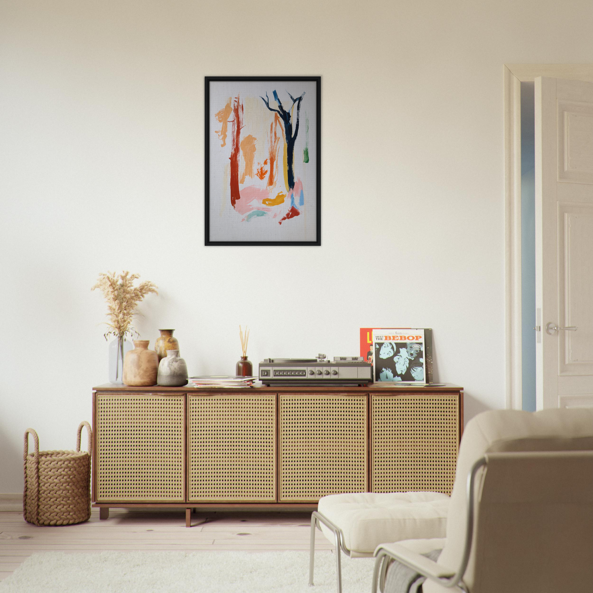 Wooden sideboard with cane-webbed doors and decorative items from Color Frenzy Woods