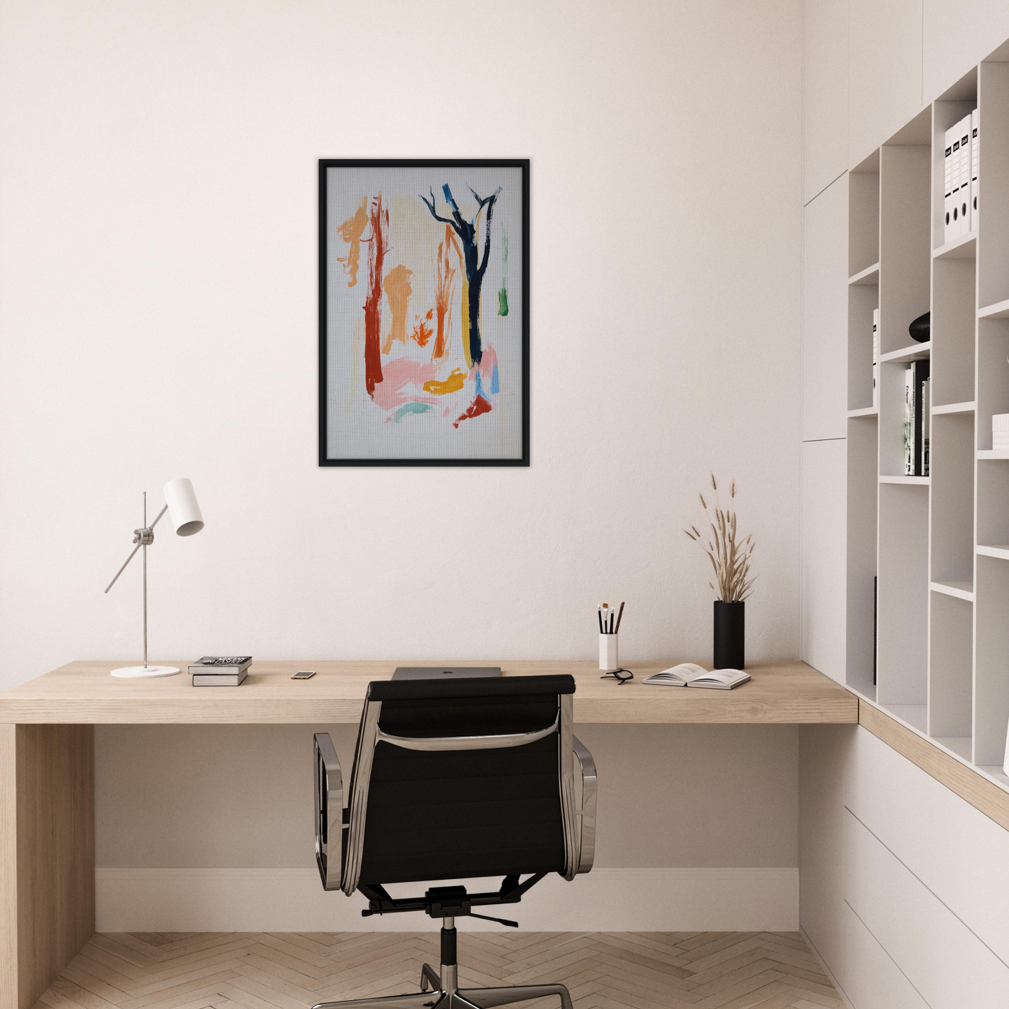 Minimalist home office featuring Color Frenzy Woods art, wooden desk, and black chair