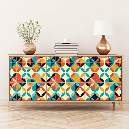 A colorful geometric pattern on a sideboard