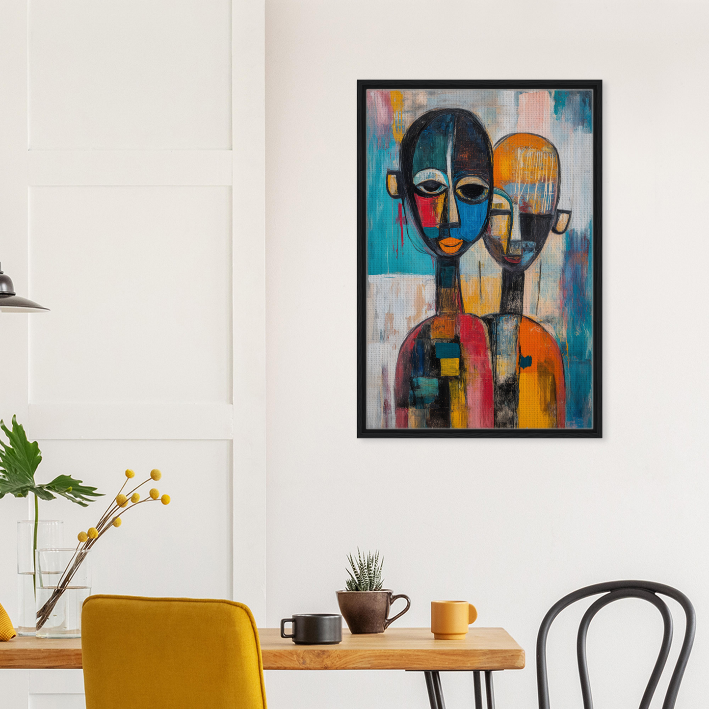 Abstract painting of two figures in colorful geometric elements for Colorful Unity Tango room decor