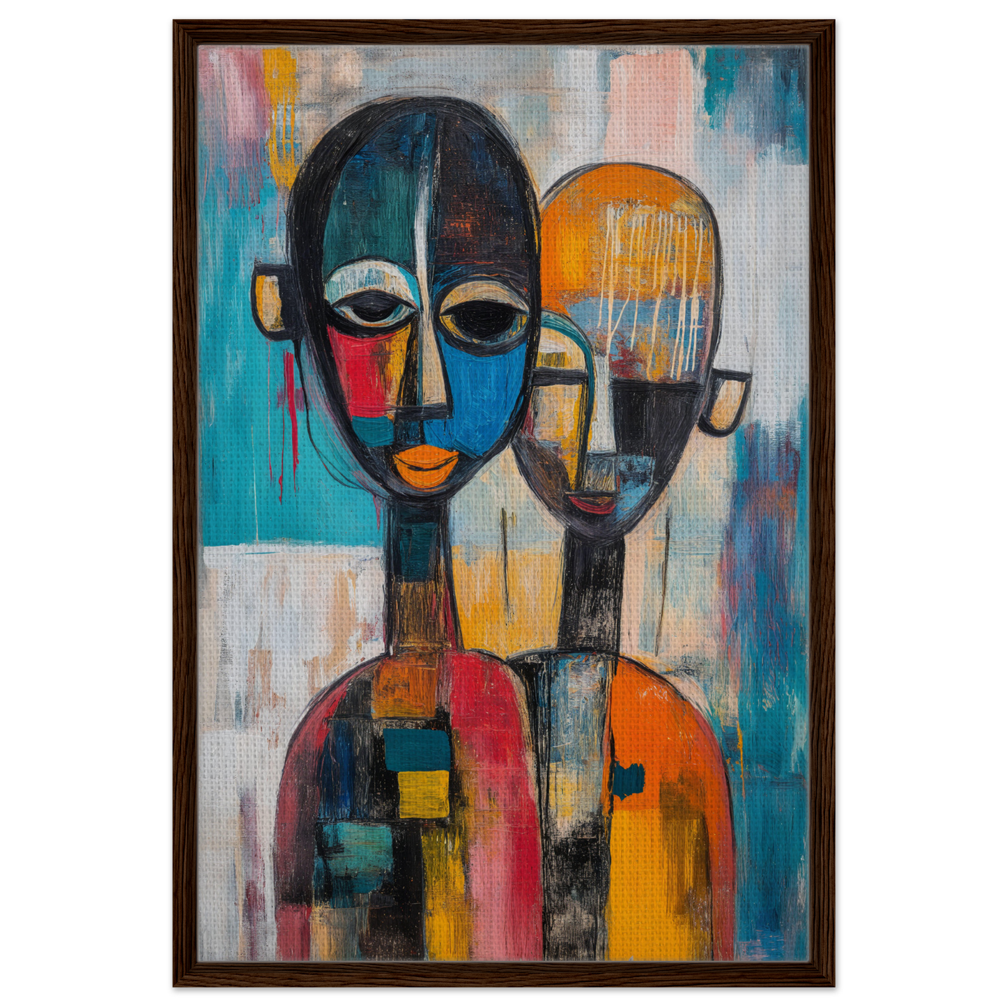 Abstract painting of two stylized figures in Colorful Unity Tango for vibrant room decor