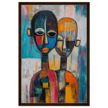 Abstract painting of two stylized figures in Colorful Unity Tango for vibrant room decor