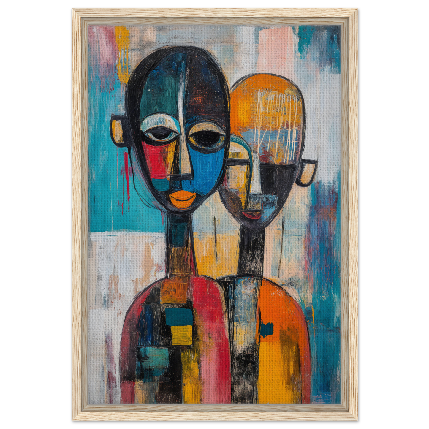 Abstract painting of two faces with geometric patterns, Colorful Unity Tango room decor