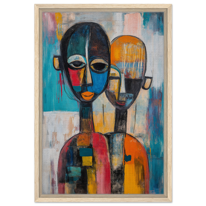 Abstract painting of two faces with geometric patterns, Colorful Unity Tango room decor