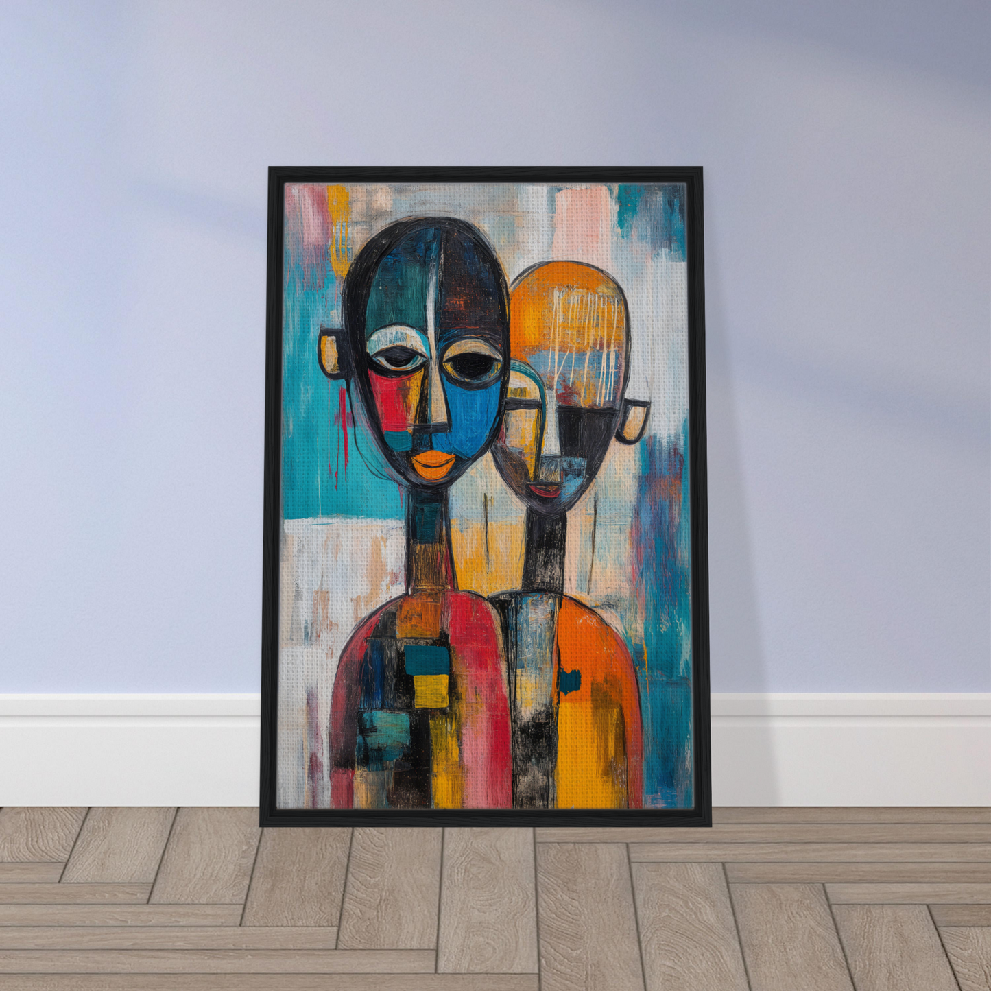 Framed canvas print of Colorful Unity Tango featuring two stylized figures and geometric colors