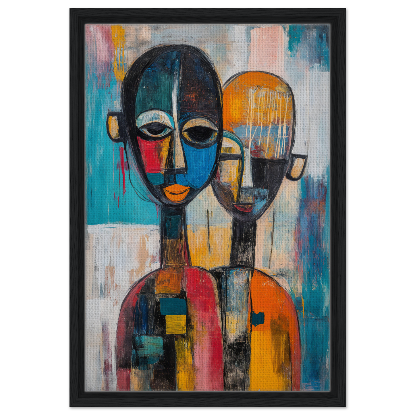 Abstract painting of two figures with elongated faces and colorful geometric bodies in Colorful Unity Tango