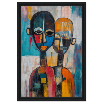 Abstract painting of two figures with elongated faces and colorful geometric bodies in Colorful Unity Tango