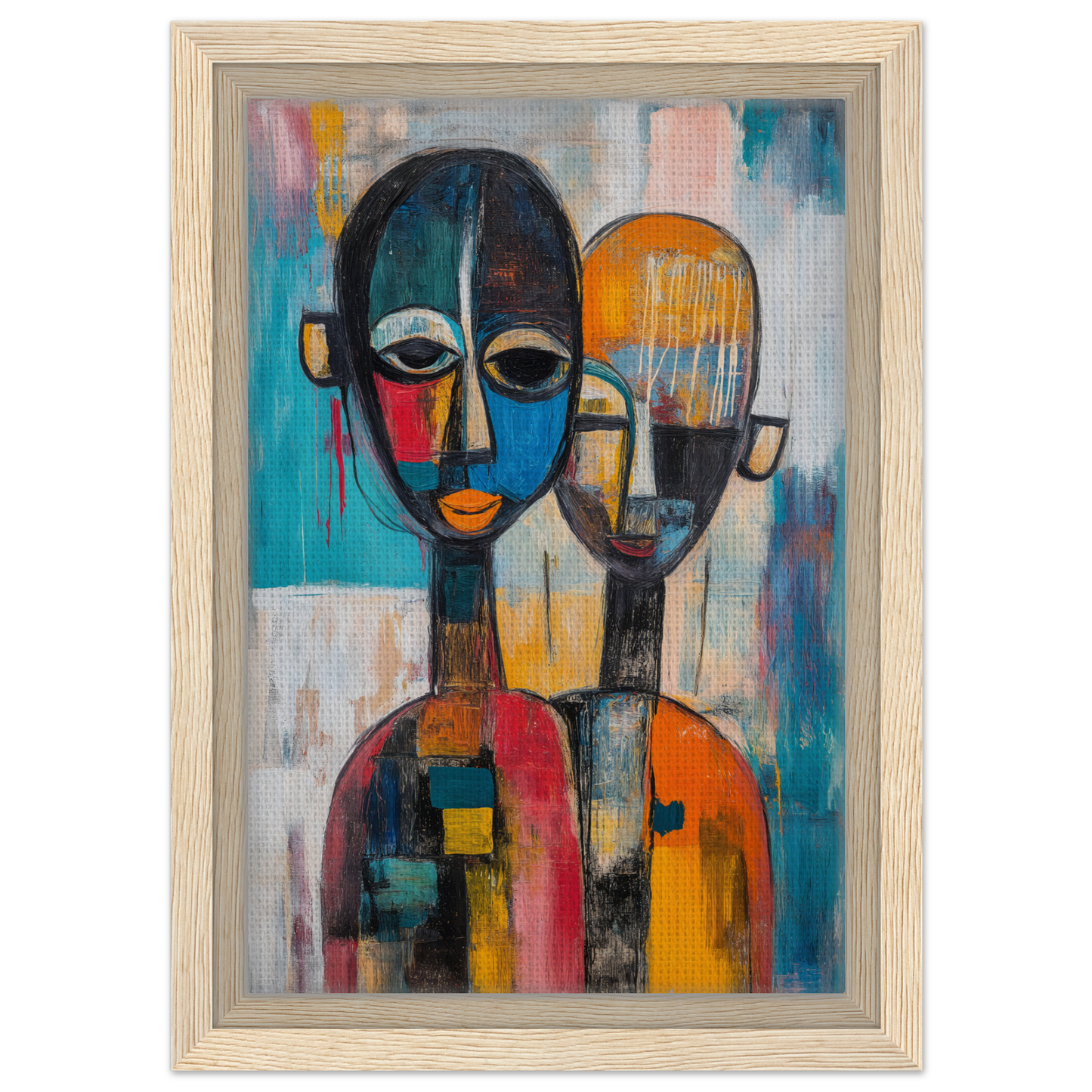 Abstract painting of mask-like figures in vibrant hues for Colorful Unity Tango room decor