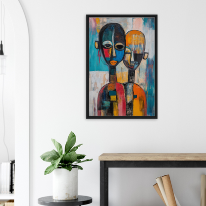 Abstract painting of two stylized faces in vibrant colors for Colorful Unity Tango room decor