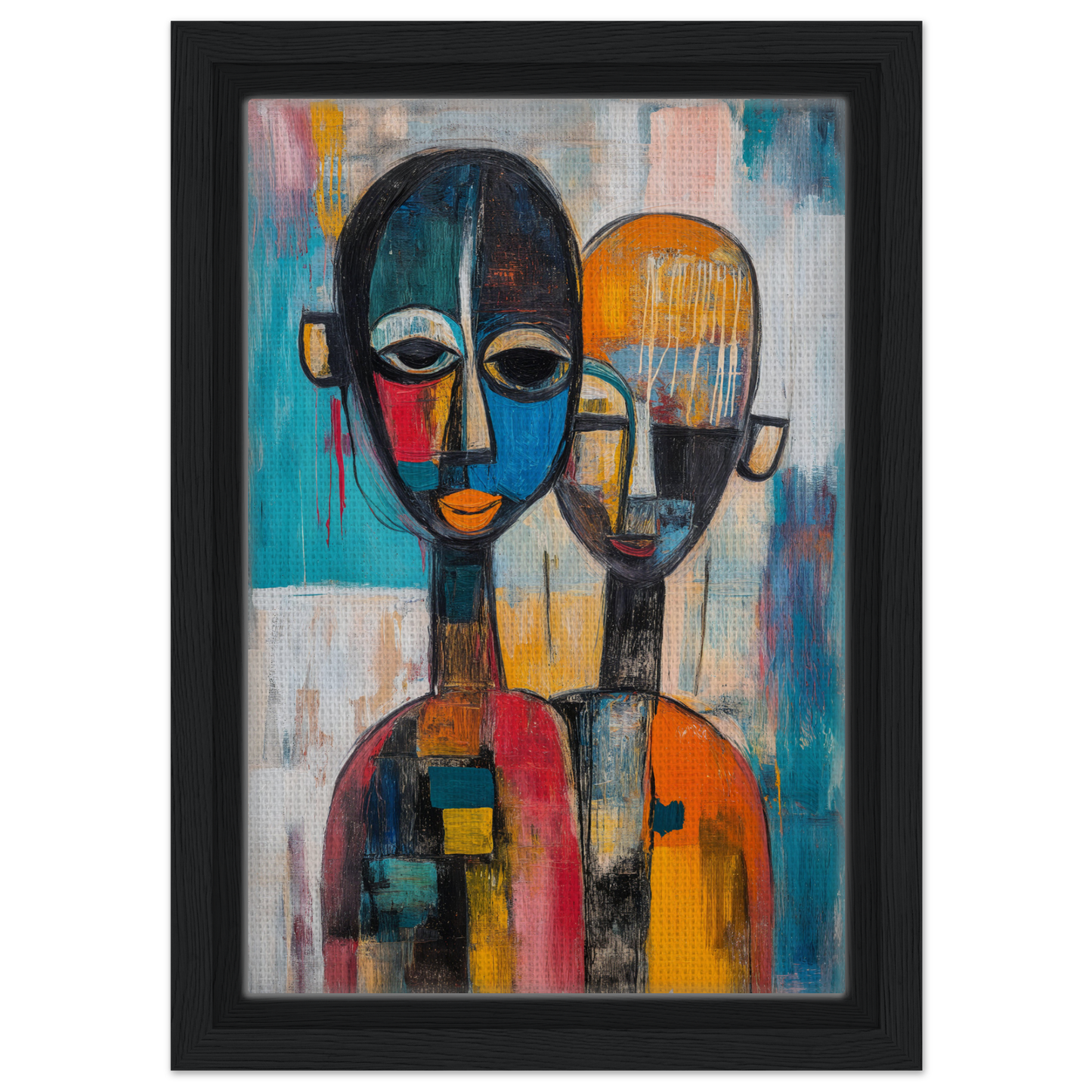 Abstract painting of two figures with mask-like faces in vibrant colors, Colorful Unity Tango framed canvas print