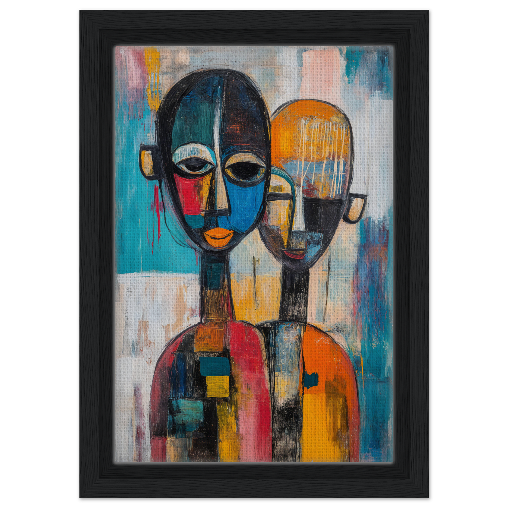 Abstract painting of two figures with mask-like faces in vibrant colors, Colorful Unity Tango framed canvas print