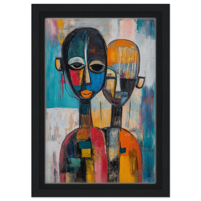 Abstract painting of two figures with mask-like faces in vibrant colors, Colorful Unity Tango framed canvas print