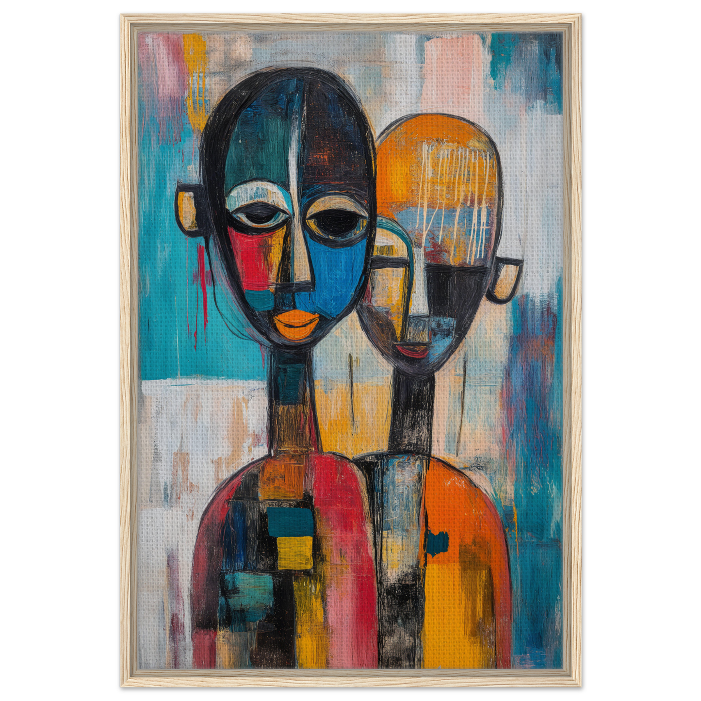 Abstract painting of two figures in vibrant colors for Colorful Unity Tango Framed Canvas Print