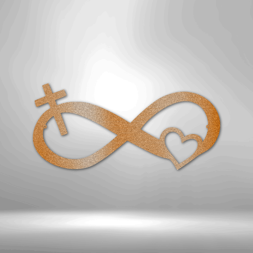 Infinity symbol with a cross at one end and a heart at the other, made of gold-colored material.