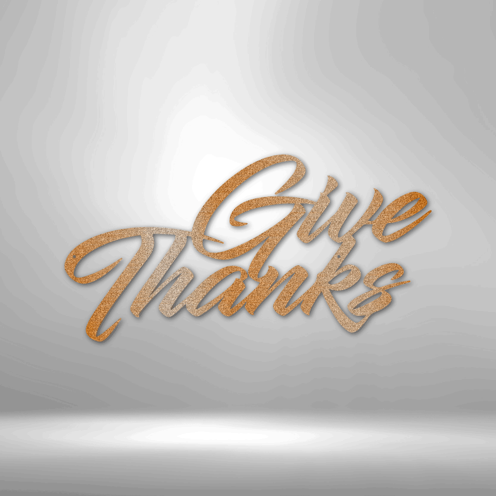 Metallic gold text saying ’Give Thanks’ in cursive script.