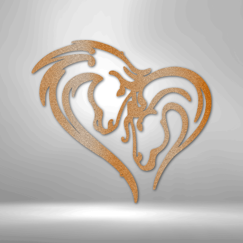 Stylized heart-shaped design incorporating two horse head silhouettes in golden tones.