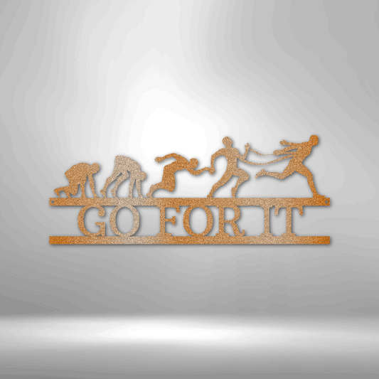 Decorative metal wall art featuring silhouettes of athletes and the phrase ’GO FOR IT’.