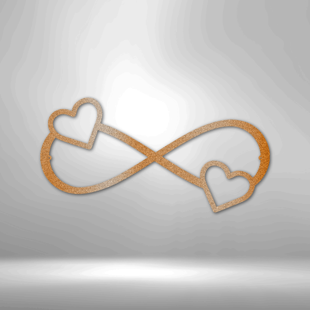 Golden infinity symbol with heart shapes at each end.