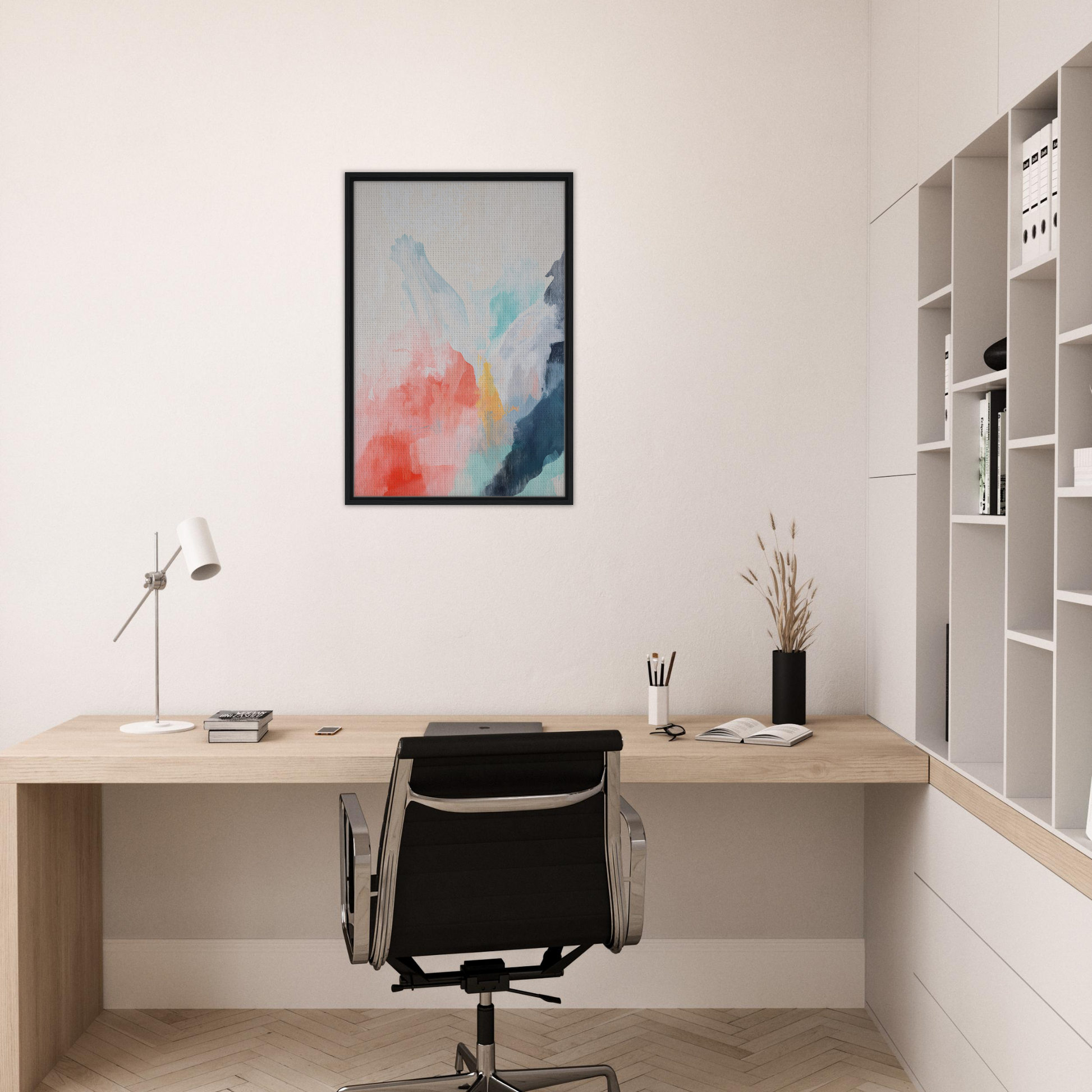 Minimalist home office with Coral Dreams Flowing framed canvas print and wooden desk