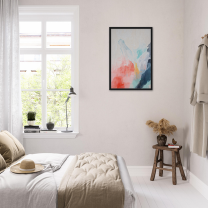 Bright, airy bedroom with white decor and Coral Dreams Flowing artwork enhancing room decor