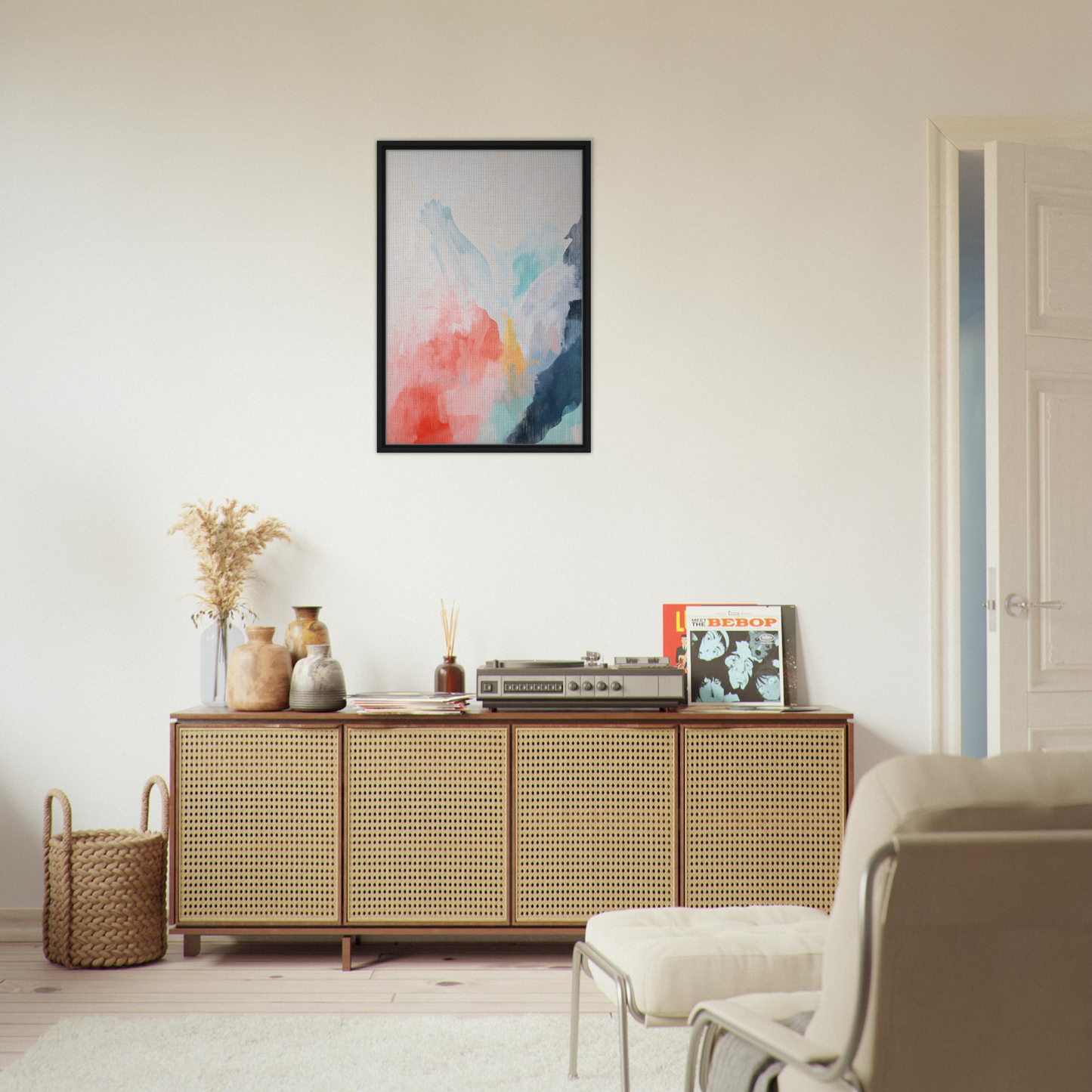 Wooden sideboard with cane-webbed doors enhancing Coral Dreams Flowing room decor