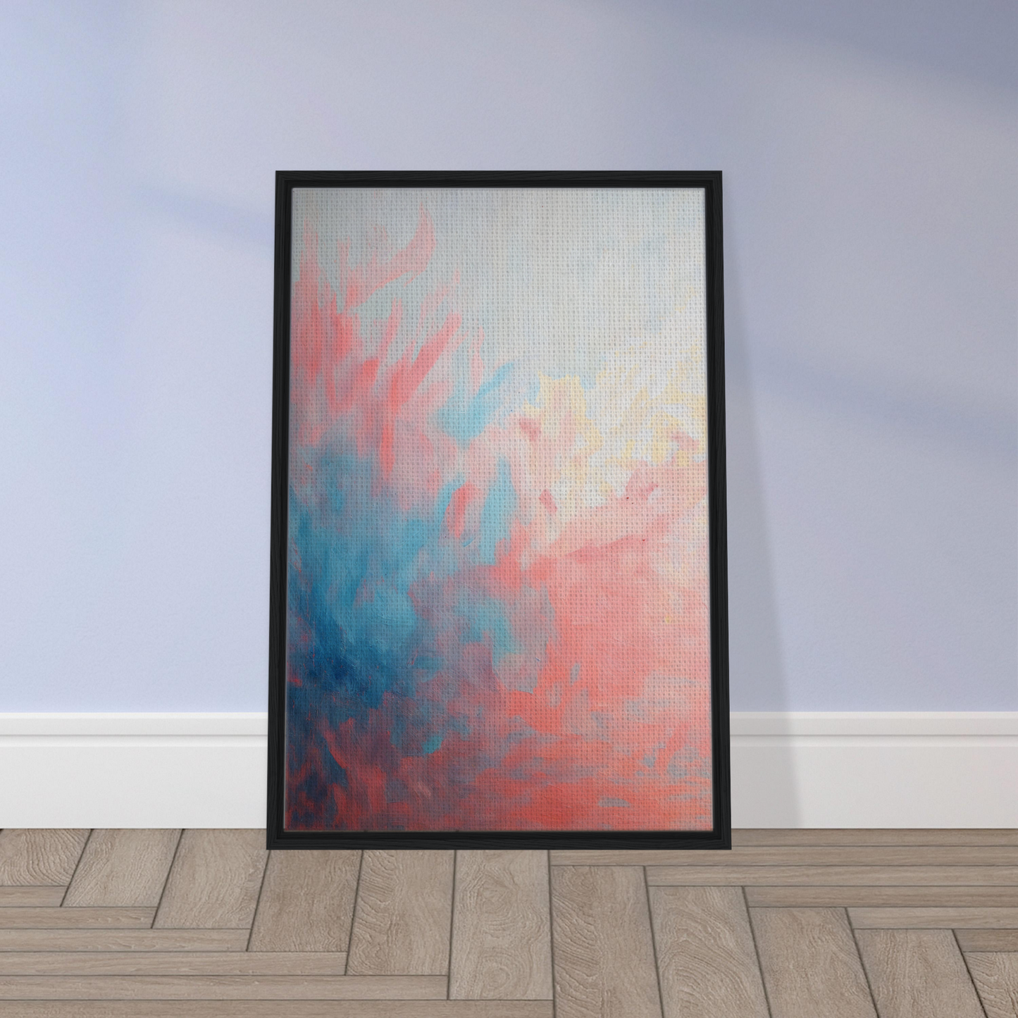 Framed canvas print of Coral Ethereal Whispers with blended pink and blue colors