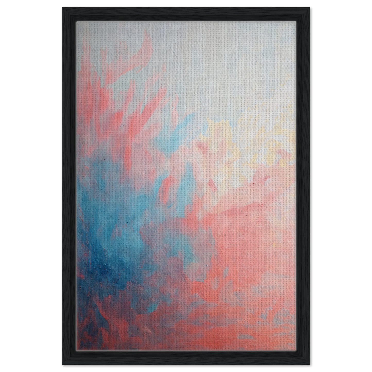 Abstract painting in pink, blue, and white hues, framed as Coral Ethereal Whispers