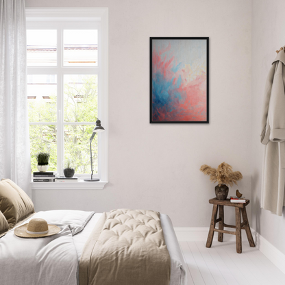 Bright bedroom with white decor featuring Coral Ethereal Whispers abstract painting