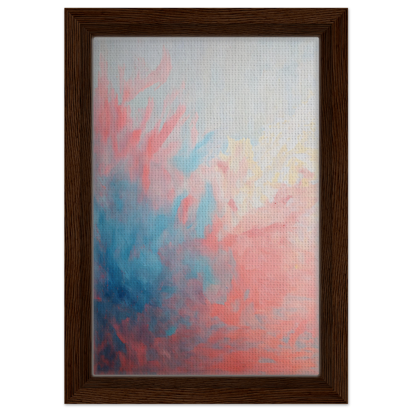 Abstract painting in pink, blue, and white hues, Coral Ethereal Whispers framed canvas