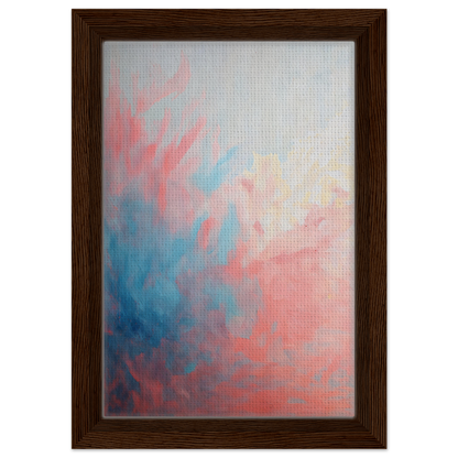 Abstract painting in pink, blue, and white hues, Coral Ethereal Whispers framed canvas