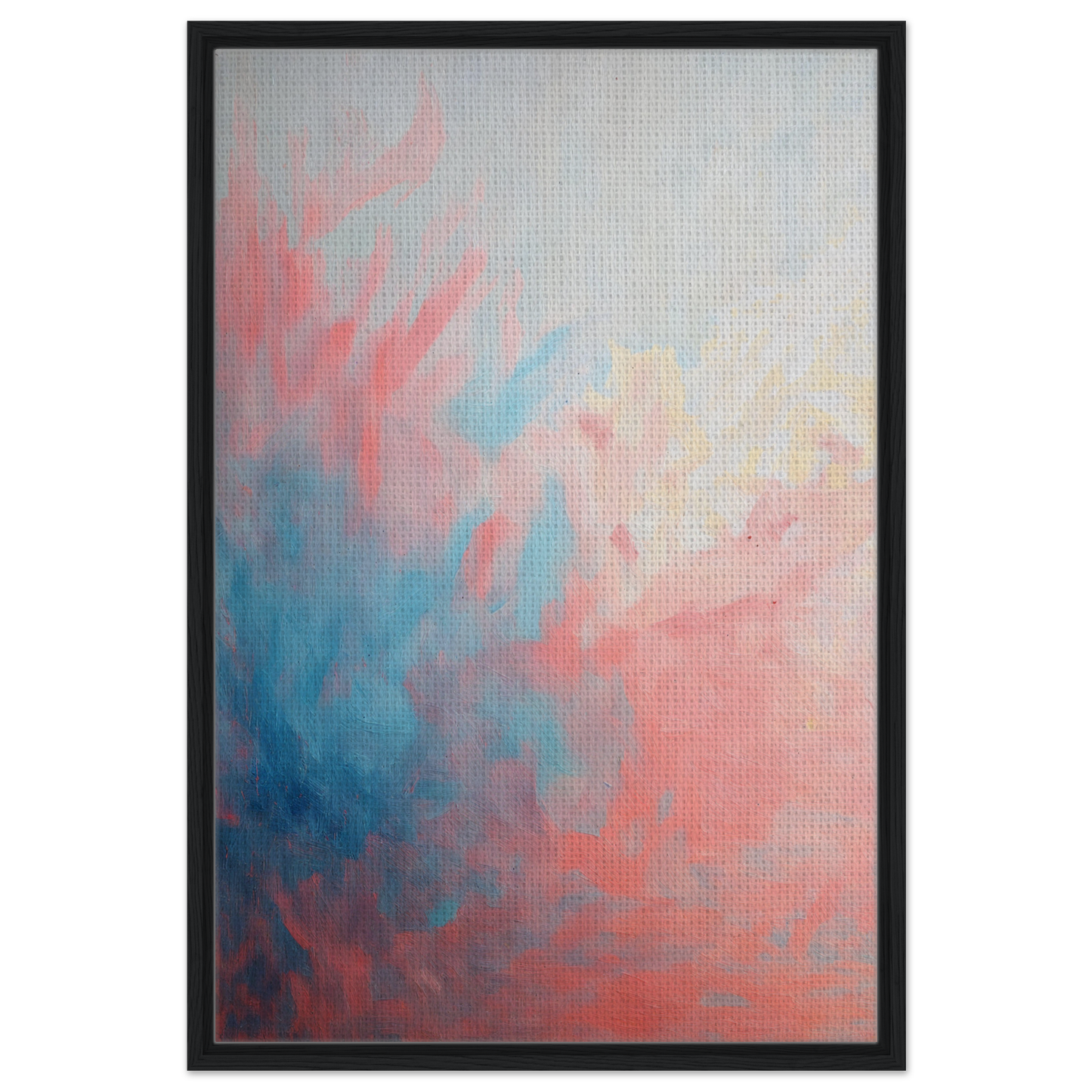 Abstract painting in black frame featuring soft pink, blue, and white hues, Coral Ethereal Whispers