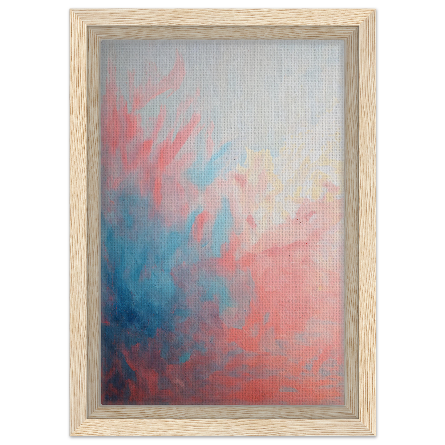 Abstract painting with swirling pink and blue colors in Coral Ethereal Whispers framed print