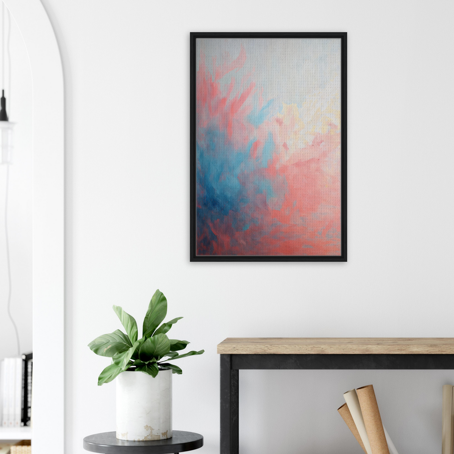 Abstract painting in soft blue and pink hues on Coral Ethereal Whispers framed canvas