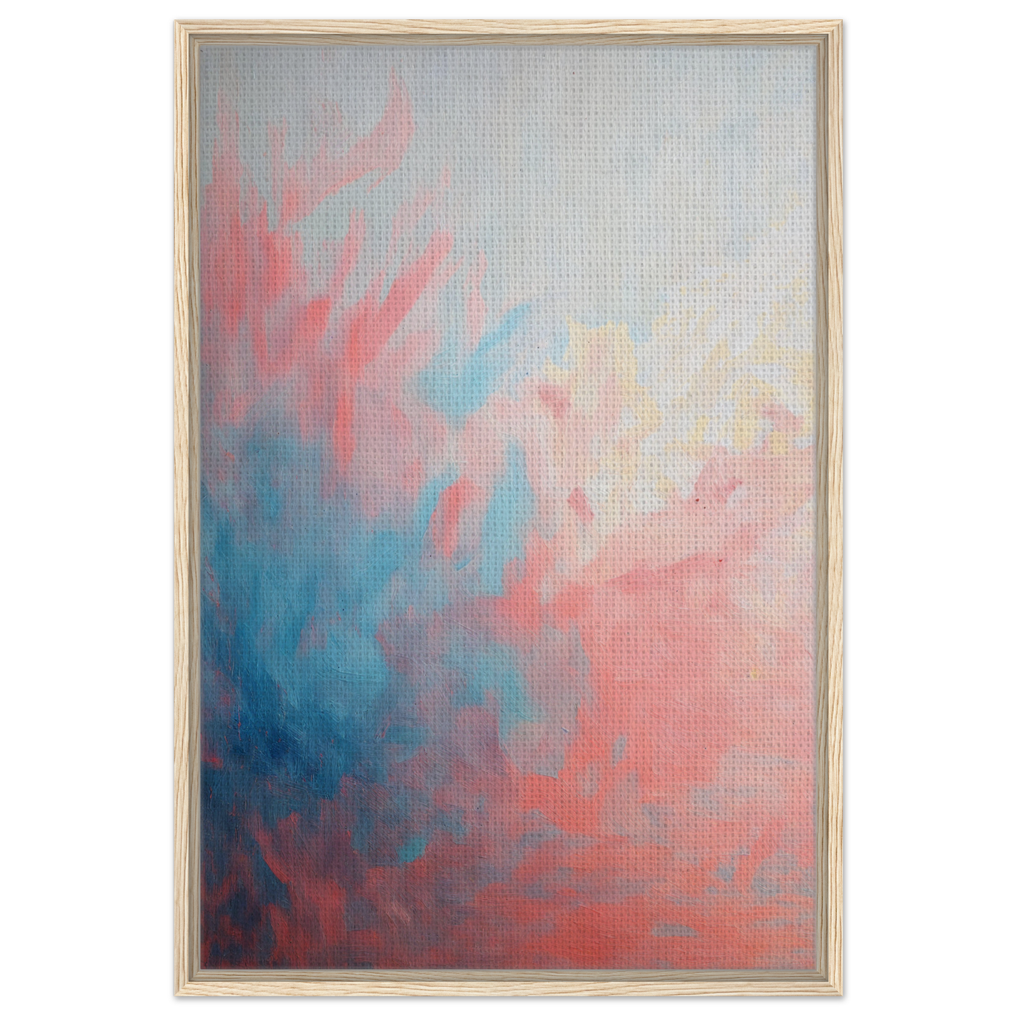 Abstract painting titled Coral Ethereal Whispers featuring swirling pink and blue hues