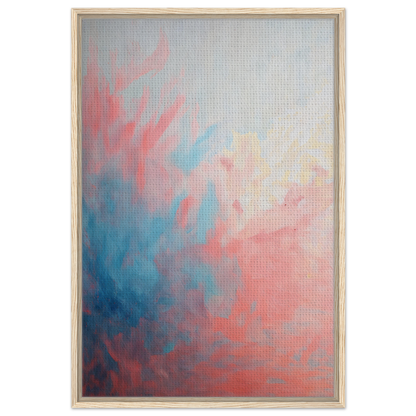 Abstract painting titled Coral Ethereal Whispers featuring swirling pink and blue hues