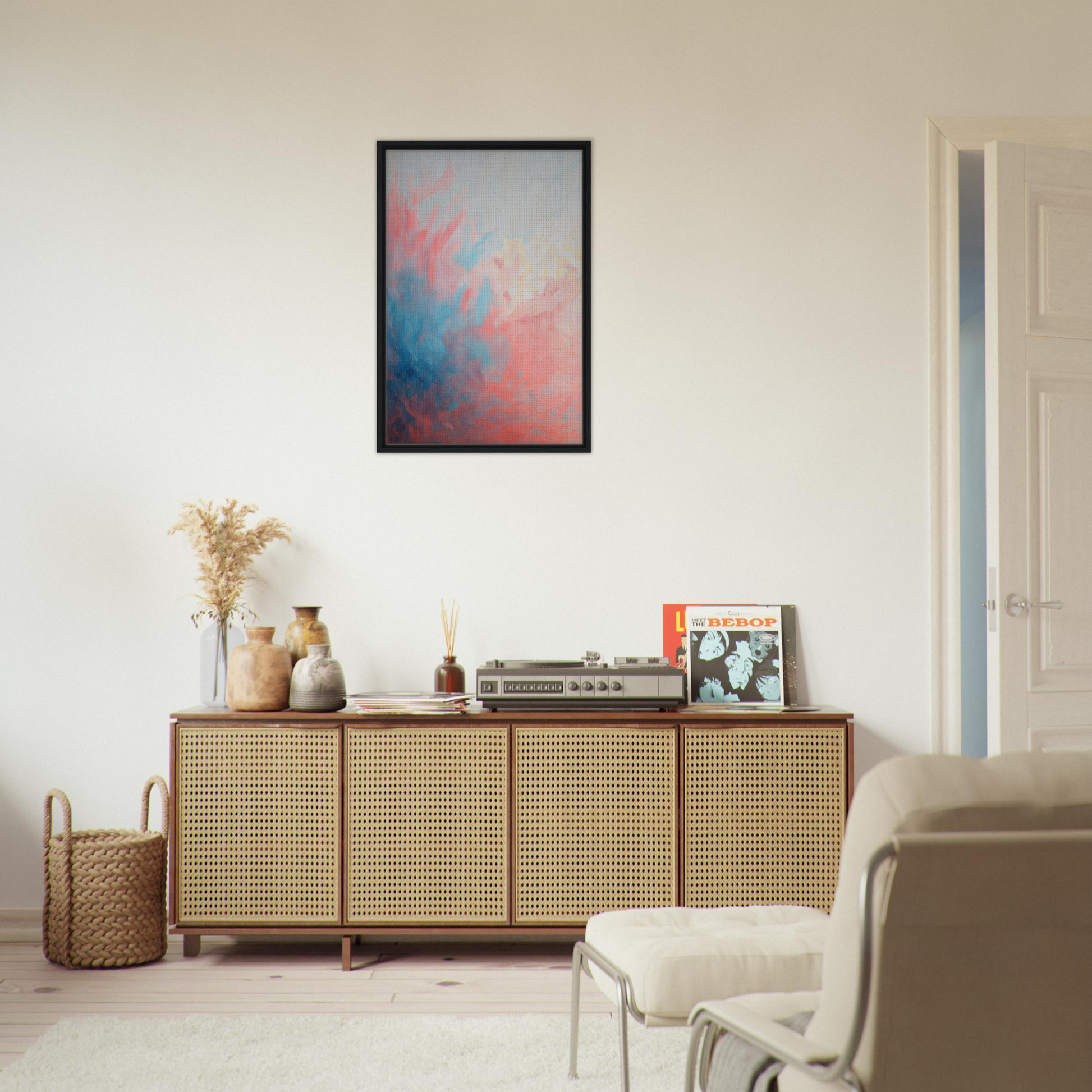 Wooden sideboard Coral Ethereal Whispers with cane-webbed doors and decor