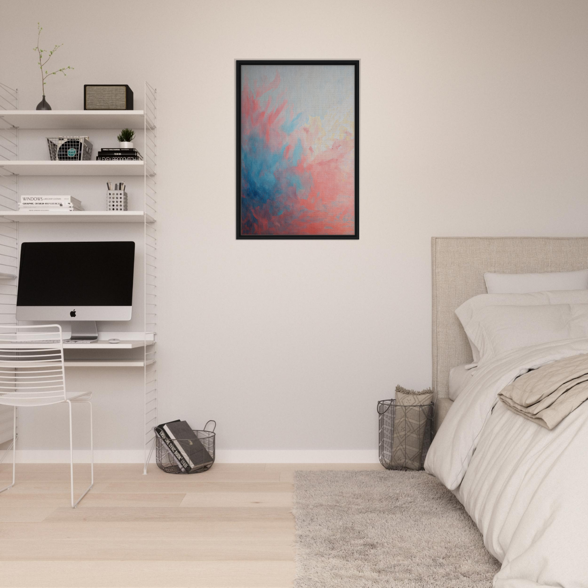 Abstract painting with pink and blue hues in a black frame, Coral Ethereal Whispers