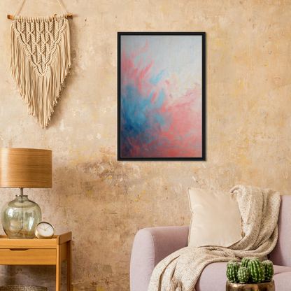 Framed abstract painting in pink and blue for Coral Ethereal Whispers room decor