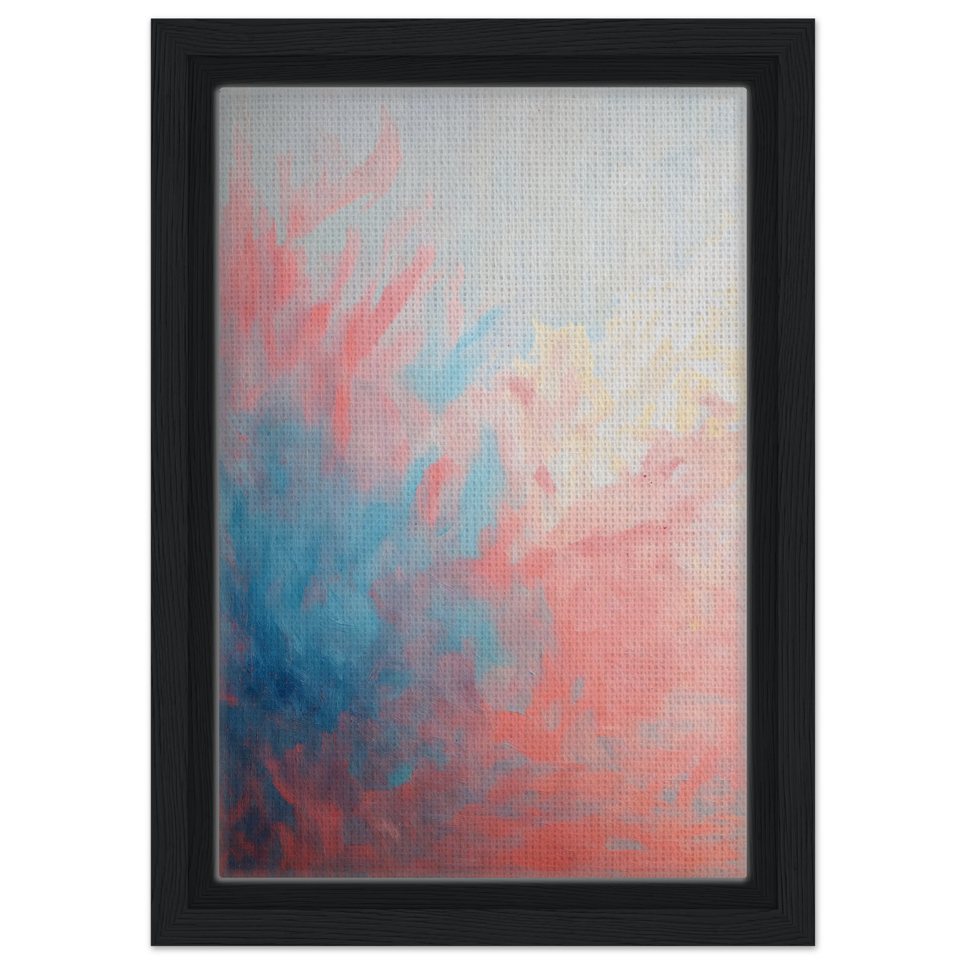 Abstract painting of soft pink, blue, and white hues in a black frame, Coral Ethereal Whispers