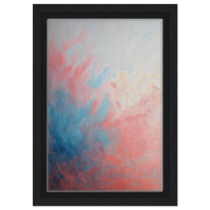 Abstract painting of soft pink, blue, and white hues in a black frame, Coral Ethereal Whispers