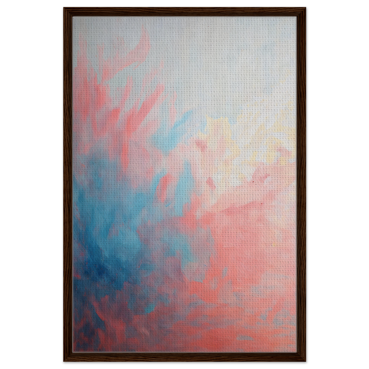 Abstract painting in pink, blue, and white hues titled Coral Ethereal Whispers in a frame