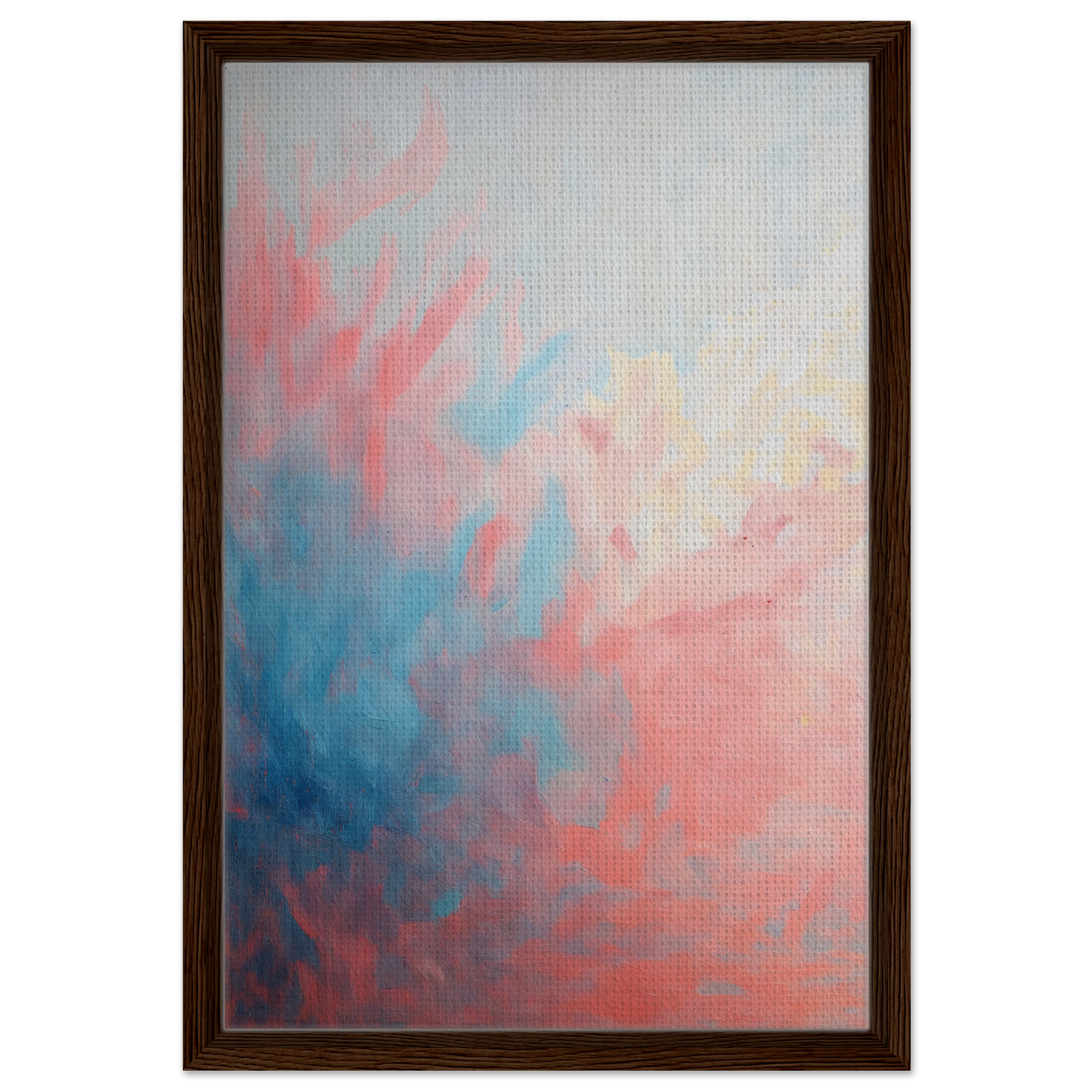 Abstract painting in soft pink, blue, and white hues for Coral Ethereal Whispers decor