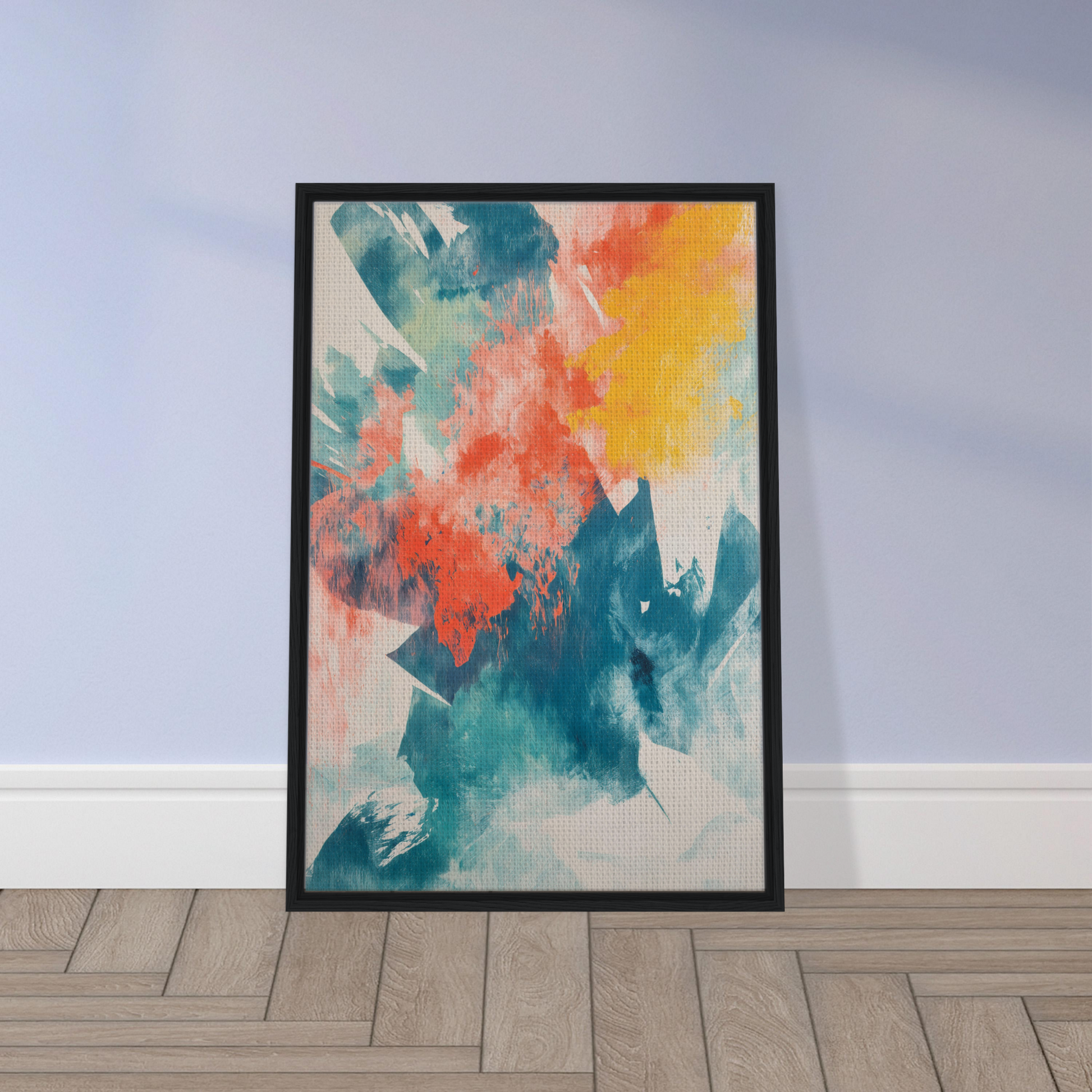 Framed canvas art titled Coral Teal Syncopation featuring vibrant splashes of color